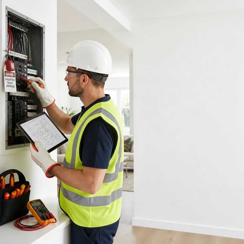 Panel eléctrico abierto con cables etiquetados y herramientas de medición