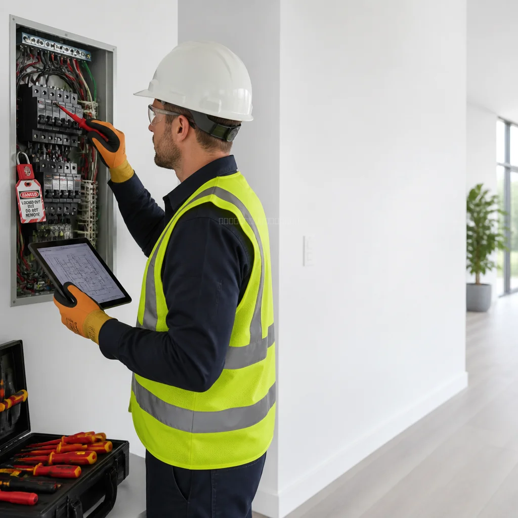 Técnico revisando esquemas eléctricos en un panel de control